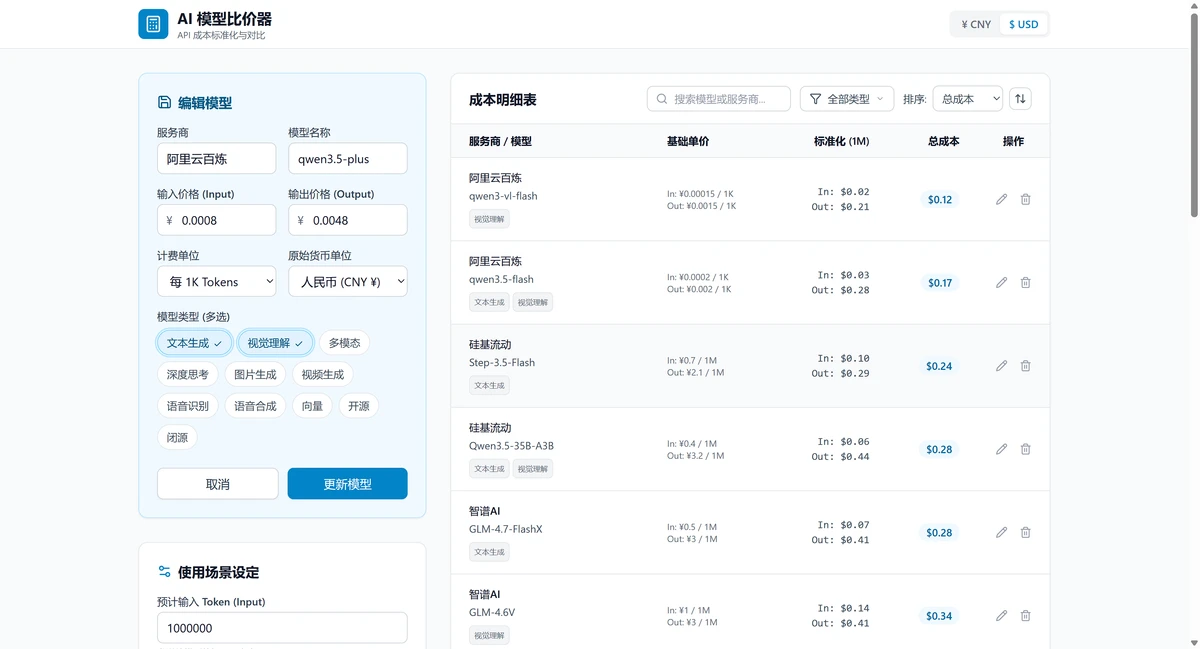 AI Token 价格比较器 - 让 Token 成本一目了然